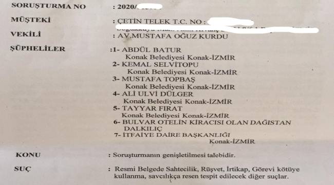 İşte Konak Belediye Başkanı Batur İle Kurmayları Hakkındaki Suç Duyurusu